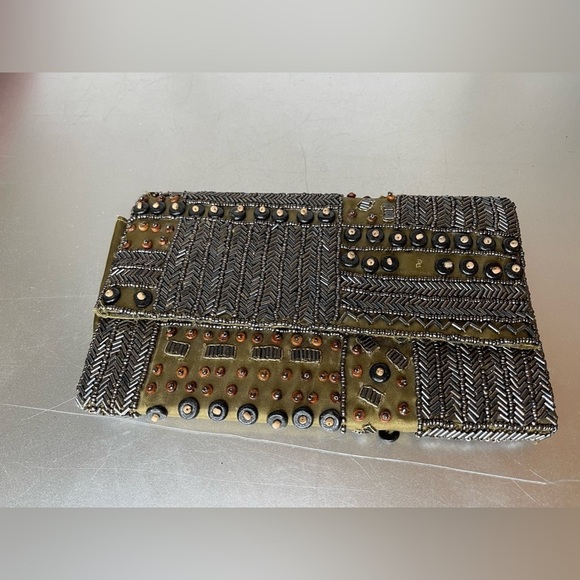 KC Malhan Brown Beaded Small Clutch Made in India Cotton Lined Twill Fabric - Picture 3 of 8